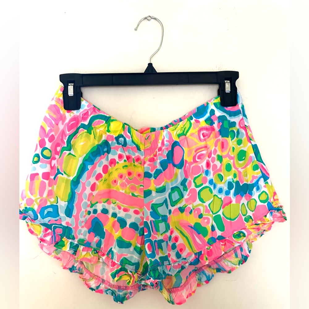 Lilly Pulitzer Kya Ruffle Shorts Women’s Pink and Blue Sz XS‎ Elastic Waist